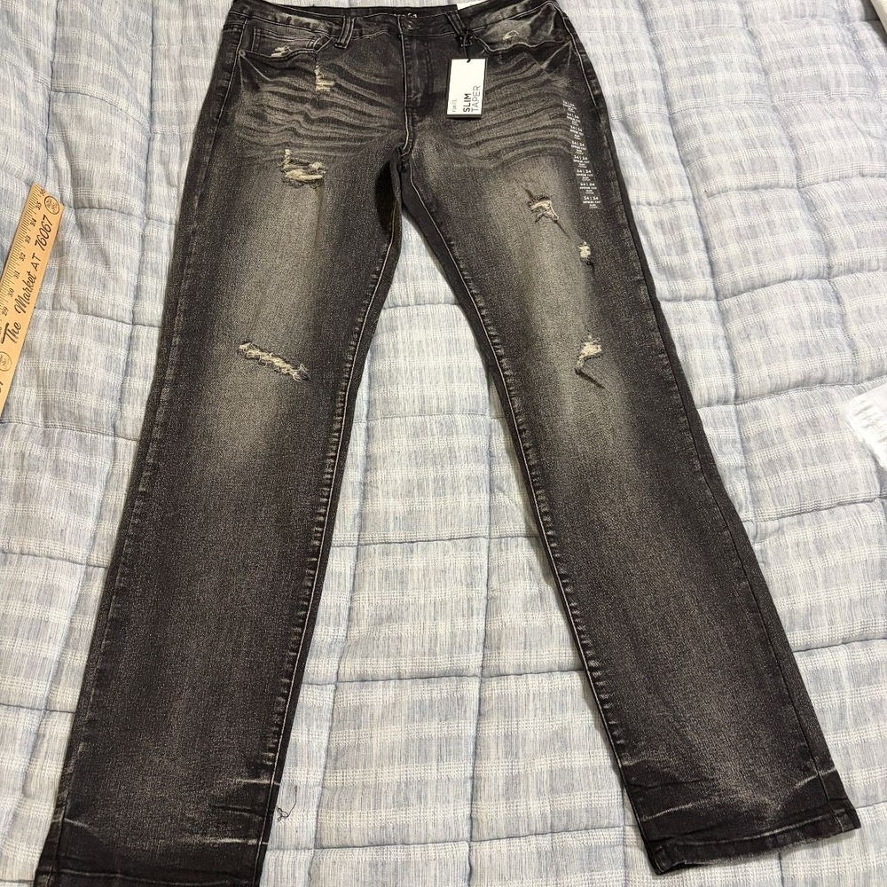 Rue21 Jeans Slim Taper Distressed Mens 34x34 Washed Black Denim Supreme Flex NWT